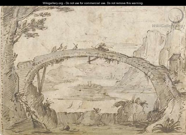 Travellers on a narrow bridge, a river landscape seen beyond - (after) Joos De Momper