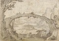 Travellers on a narrow bridge, a river landscape seen beyond - (after) Joos De Momper