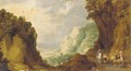 An extensive rocky landscape with travellers on a track, a valley beyond - Joos Or Josse De, The Younger Momper