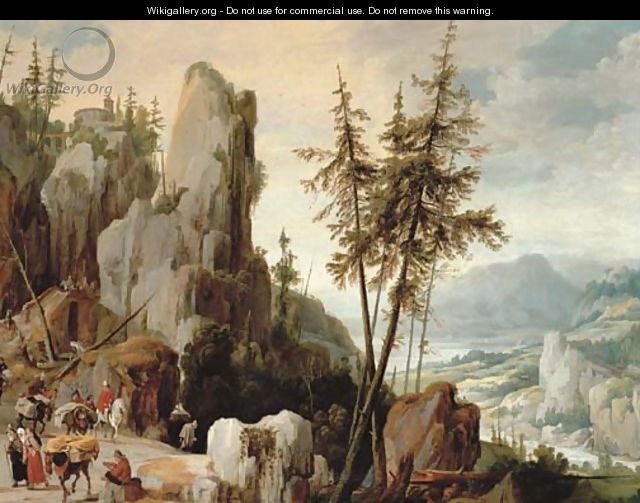 An extensive mountainous landscape with travellers on a path - Joos Or Josse De, The Younger Momper