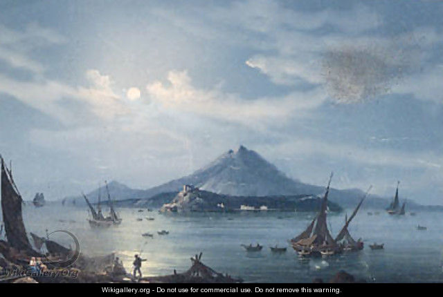 Fishing Vessels in the Bay of Naples at Night, with a View of Vesuvius beyond - (after) La Pira