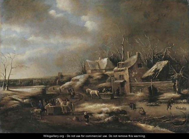 A winter landscape with townsfolk on a frozen waterway by a tavern - (after) Claes Molenaar (see Molenaer)
