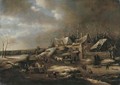 A winter landscape with townsfolk on a frozen waterway by a tavern - (after) Claes Molenaar (see Molenaer)