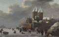 A winter landscape with peasants skating on a frozen river before a castle - (after) Claes Molenaar (see Molenaer)