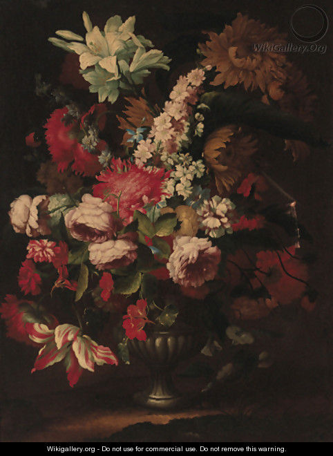 Irises, sunflowers, roses, carnations, morning glory, tulips and other flowers in an urn - (after) Karel Van Vogelaer, Called Distelbloom