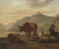 A river landscape with cattle and a shepherd and his flock in the foreground - (after) Karel Dujardin