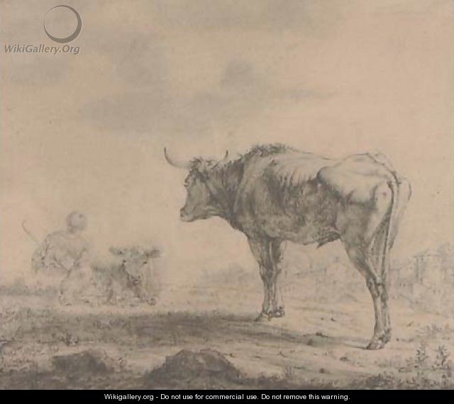 A bull looking over a resting drover - (after) Karel Dujardin