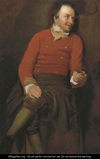 A study of a man, in a red vest, holding a snuff box in his left hand - (after) Julius Henricus Quinkhard