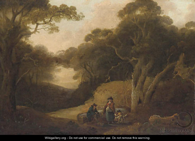 Figures resting in a woodland glade - (after) Julius Caesar Ibbetson
