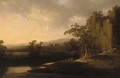 An extensive river landscape with anglers in the foreground and houses beyond - (after) Josepf Wright Of Derby