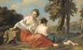 A girl tying up another girls hair by a riverbank - (after) Jean Baptiste Pierre