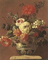 Carnations, daisies, a rose and other flowers in a chinoiserie bowl on a pedestal - (after) Jean-Baptiste Monnoyer
