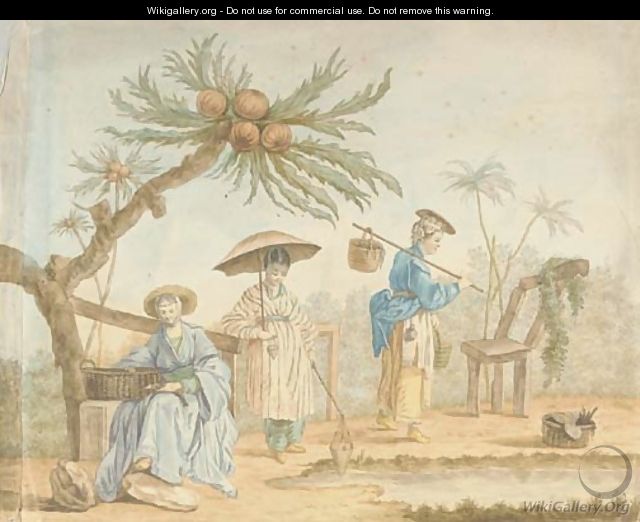 Three women in oriental costume beneath an exotic tree - (after) Jean Baptiste Leprince
