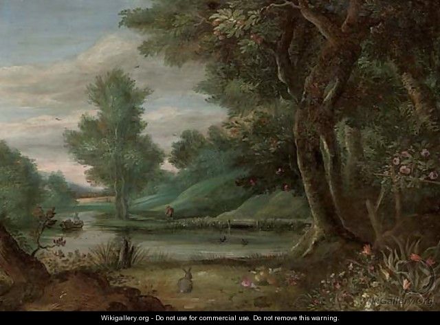 A wooded river landscape with a traveller on a path - (after) Jasper Van Der Lanen