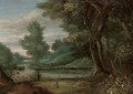 A wooded river landscape with a traveller on a path - (after) Jasper Van Der Lanen