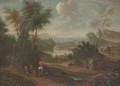 A wooded river landscape with a figure on horseback conversing with two travellers resting on a track - (after) Jan Wynants