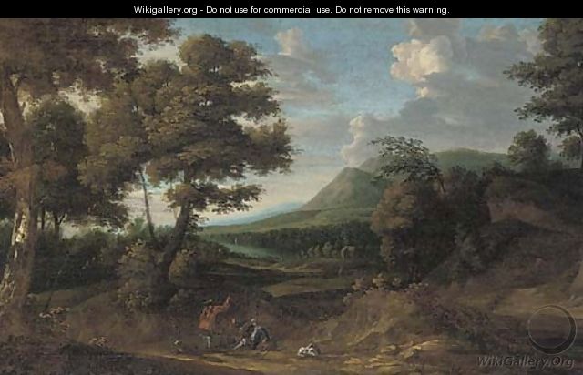 Huntsmen and their hounds on a path in a wooded landscape - (after) Jan Wyck