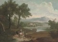 An extensive landscape with a hunting party on a track and fishermen by a lake, a country house beyond - (after) Jan Wyck