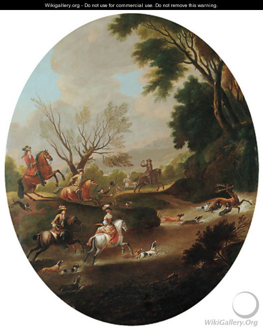 A stag hunt in a wooded river landscape - (after) Jan Wyck
