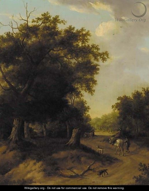 A horseman and other figures on a wooded path - (after) Jan Wijnants