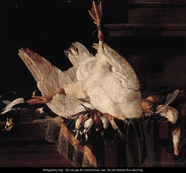 A goose, songbirds, a woodcock and a lapwing on a partially draped ledge - (after) Jacobes Vonck