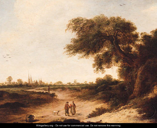 A landscape with a couple on a sandy track, a church beyond - (after) Jan Vermeer Of Haarlem