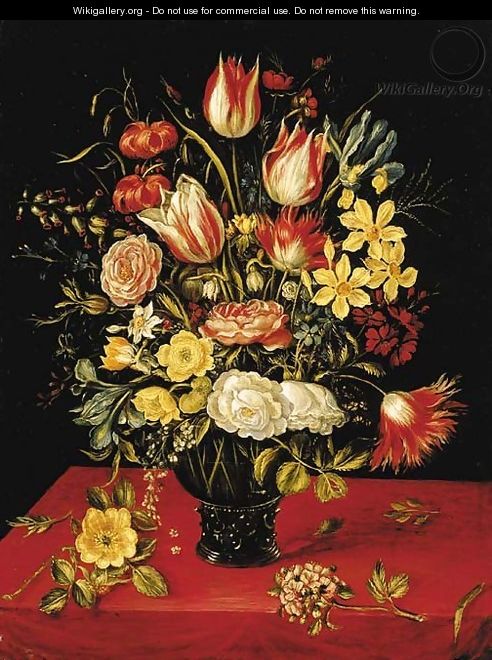 Tulips, lilies, daffodils, irises, roses, hypericum, forget-me-nots, chicory, honeysuckle and other flowers in a roemer - (attr. to) Kessel, Jan van