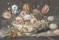 Carnations, roses, tulips and other flowers in a porcelain bowl on a ledge with a finch, cherries and a butterfly - (attr. to) Kessel, Jan van