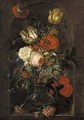 Tulips, roses, carnations, morning glory and other flowers in a glass vase in a stone niche - (after) Huysum, Jan van