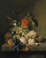 Grapes on the vine, peaches, a melon, redcurrants, a split walnut, with Morning Glory, other flowers and a butterfly on a marble plinth - (after) Huysum, Jan van