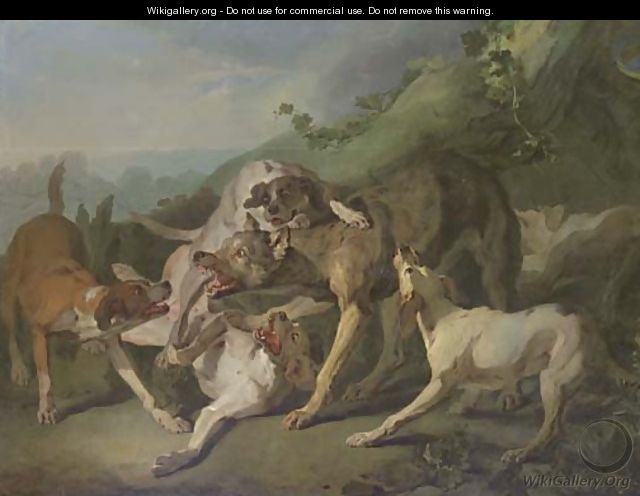 Dogs attacking a wolf in a landscape - (after) Jean-Baptiste Oudry