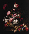 Tulips, Roses, Poppies and other Flowers in a Vase with Fruit on a Ledge - (after) Jean-Baptiste Monnoyer