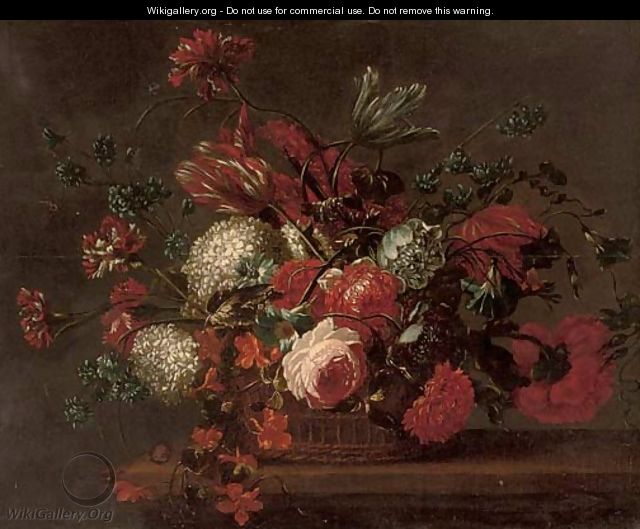 Roses, carnations, tulips, morning glory and other flowers in a basket on a ledge - (after) Jean-Baptiste Monnoyer