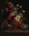 Roses, carnations, peonies, morning glory and other flowers in a sculpted urn on a ledge - (after) Jean-Baptiste Monnoyer