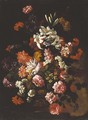Roses, carnations, lillies, blue bells, morning glory and other flowers in an urn on a ledge - (after) Jean-Baptiste Monnoyer
