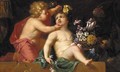 Putti playing with a basket of flowers on a ledge - (after) Jean-Baptiste Monnoyer