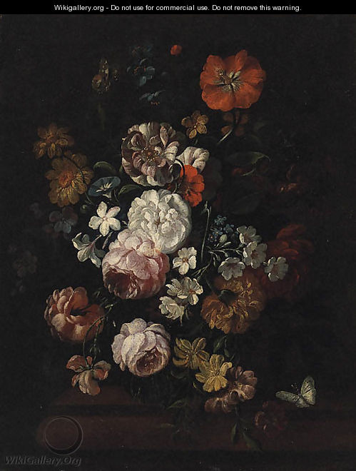 Pink and White Roses, a Poppy, Morning Glory and other Flowers in a Vase on a Ledge - (after) Jean-Baptiste Monnoyer