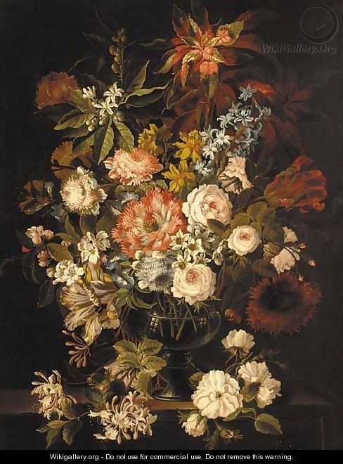 Hyacinth, roses, tulips, peonies, honeysuckle and other flowers in a glass vase on a stone ledge - (after) Jean-Baptiste Monnoyer