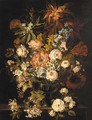 Hyacinth, roses, tulips, peonies, honeysuckle and other flowers in a glass vase on a stone ledge - (after) Jean-Baptiste Monnoyer