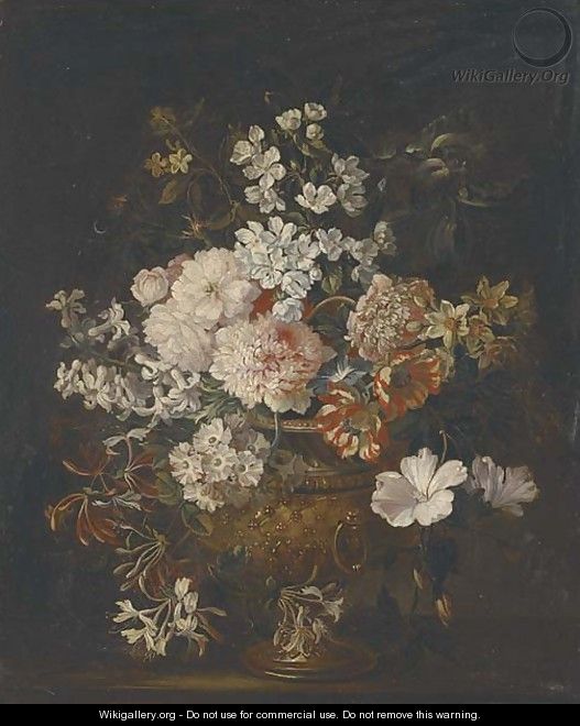Chrysanthemums, peonies, narcissi, honeysuckle, hyacinth and other flowers in a sculpted urn on a ledge - (after) Jean-Baptiste Monnoyer