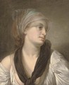 Portrait of a lady, bust-length, in a white dress and black shawl, a blue and white scarf in her hair - (after) Greuze, Jean Baptiste