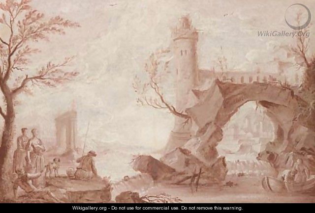 Anglers and fishermen by a weir, a natural arch and a tower beyond, en grisaille - (after) Jean-Baptiste Pillement