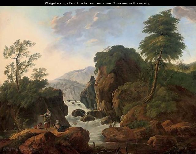 A wooded mountainous river landscape with anglers by a waterfall - (after) Jean-Baptiste Pillement