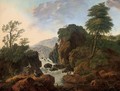 A wooded mountainous river landscape with anglers by a waterfall - (after) Jean-Baptiste Pillement