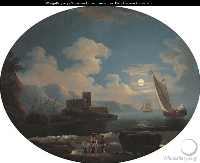 A Mediterranean coastal inlet with shipping by moonlight - (after) Jean-Baptiste Pillement