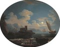 A Mediterranean coastal inlet with shipping by moonlight - (after) Jean-Baptiste Pillement