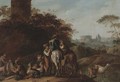 An Italianate landscape with travellers resting with herdsmen by a tower - (after) Joseph Conrad Seekatz