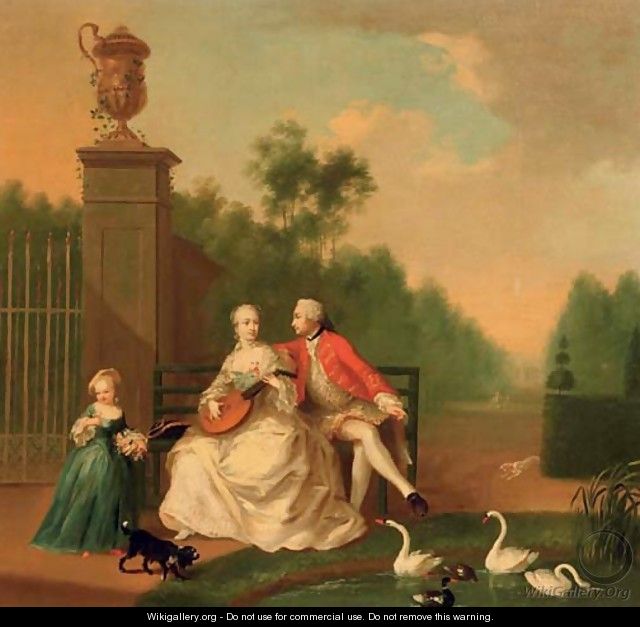 An elegant couple on a bench by a pond with swans and ducks, a girl by their side, in a park landscape - (after) Johann Heinrich The Elder Tischbein