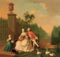 An elegant couple on a bench by a pond with swans and ducks, a girl by their side, in a park landscape - (after) Johann Heinrich The Elder Tischbein