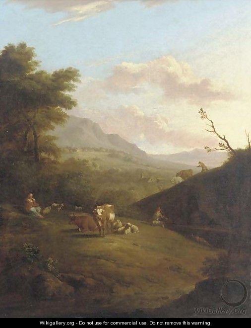 A mountainous landscape with peasants herding a cattle and a village beyond - (after) Johann Heinrich Roos